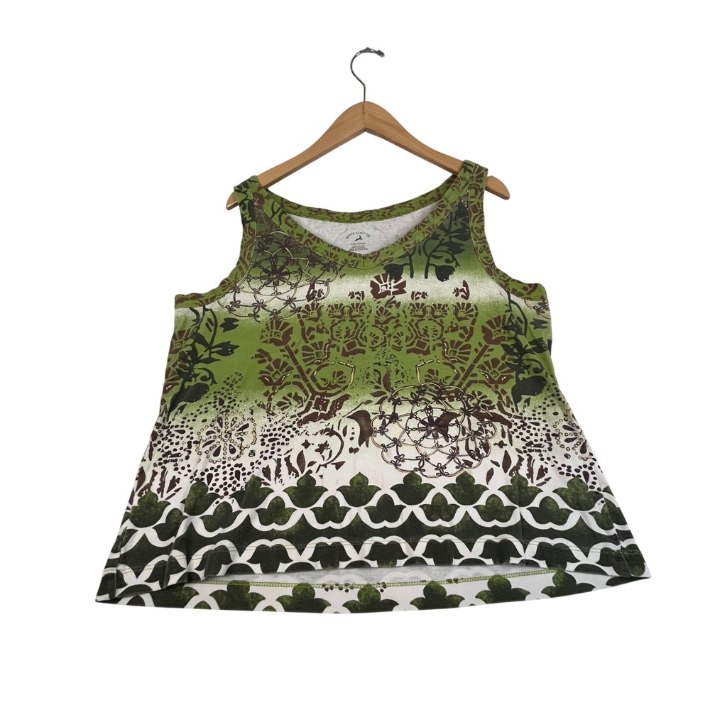 White Stag Green Combo Abstract Floral Cotton Sleeveless Tee Tank Top Large